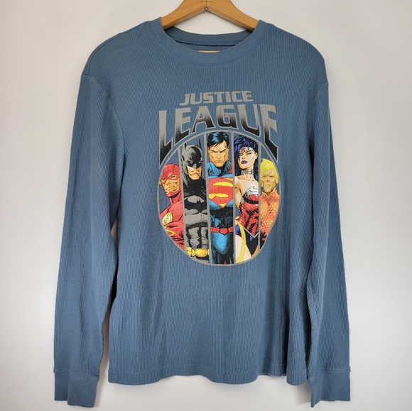 Justice League Mens M Thermal Pullover Shirt Blue - Picture 1 of 9